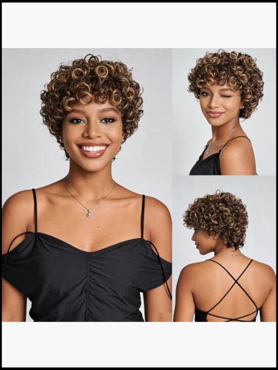 Short Curly Pixie Cut Wig with Bangs 100% Human Hair Lightweight 150% Density main image 5